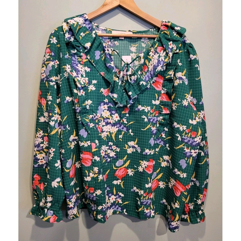 NWT Green Floral Ruffle Relaxed Fit Long Sleeve Lightweight Top Loft Sz 2X